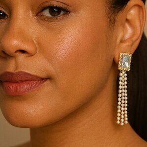 Gold Rhinestone Tassel Earrings — Square Stud Crystal Fringe Drops